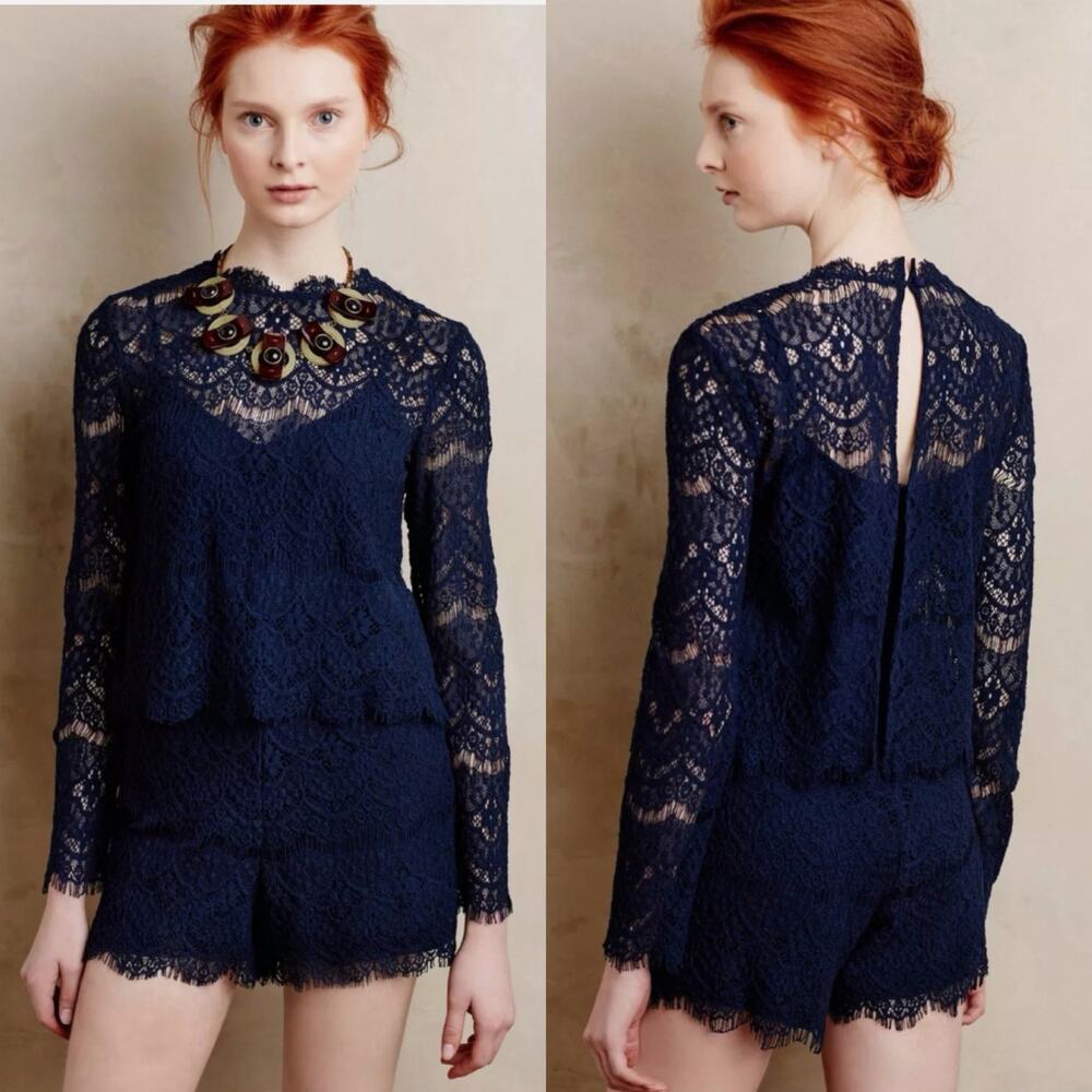 Saylor Navy Blue Lace Long Sleeve Romper Size M
